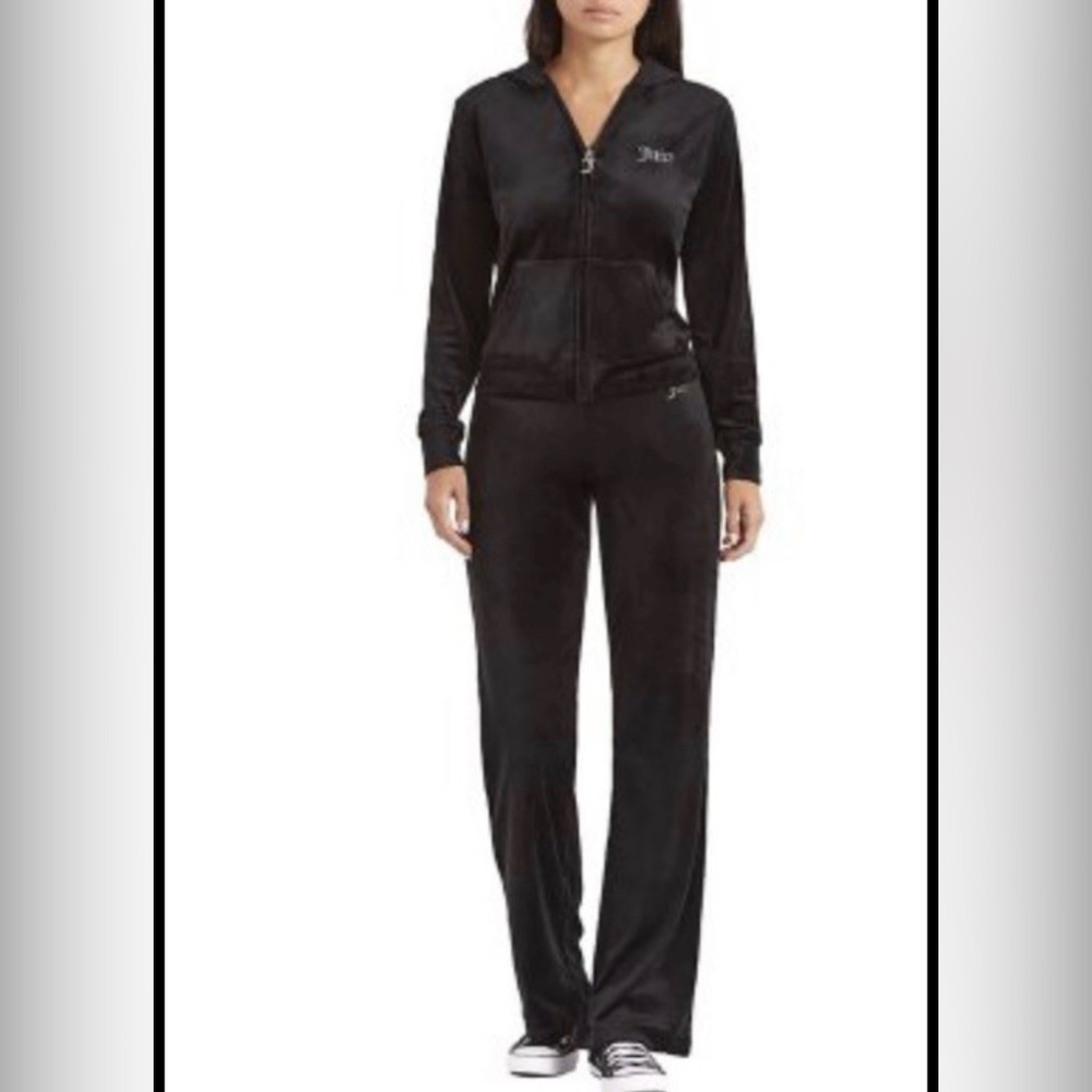 Juicy Couture Black Velour Track Pants & Zip Hoodie Set